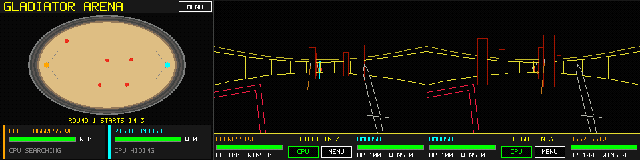 Gladiator multiplayer: the arena from above on the left, with the AGGRESSIVE and the AMBUSH gladiators' first-person views on the right, a round of the three-board game